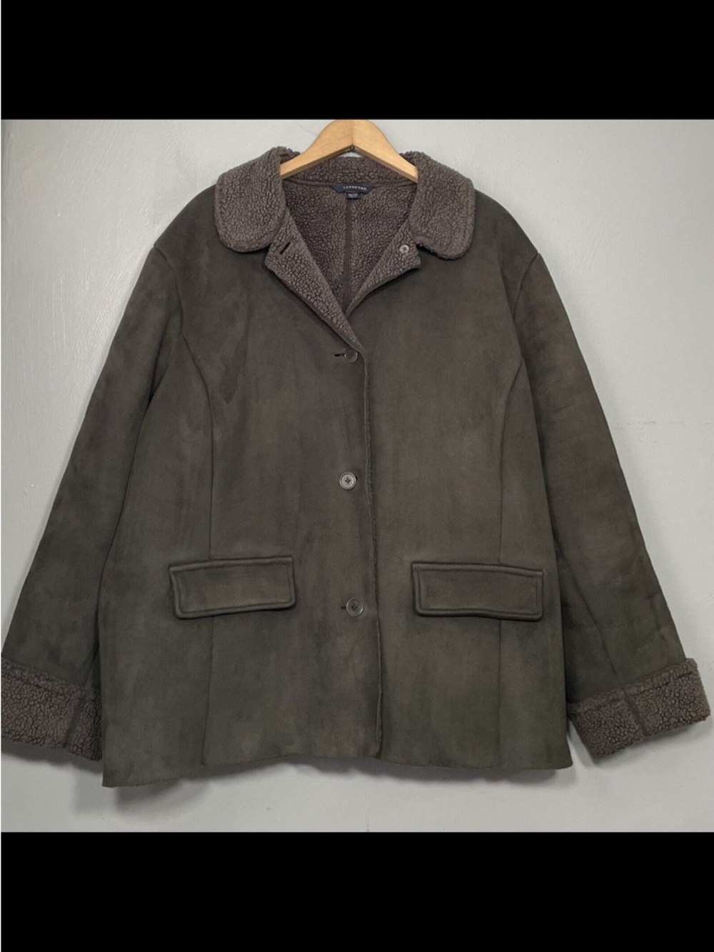 Lands' End Olive green Faux-Shearling Trim Suede-Style Jacket 20W-22W